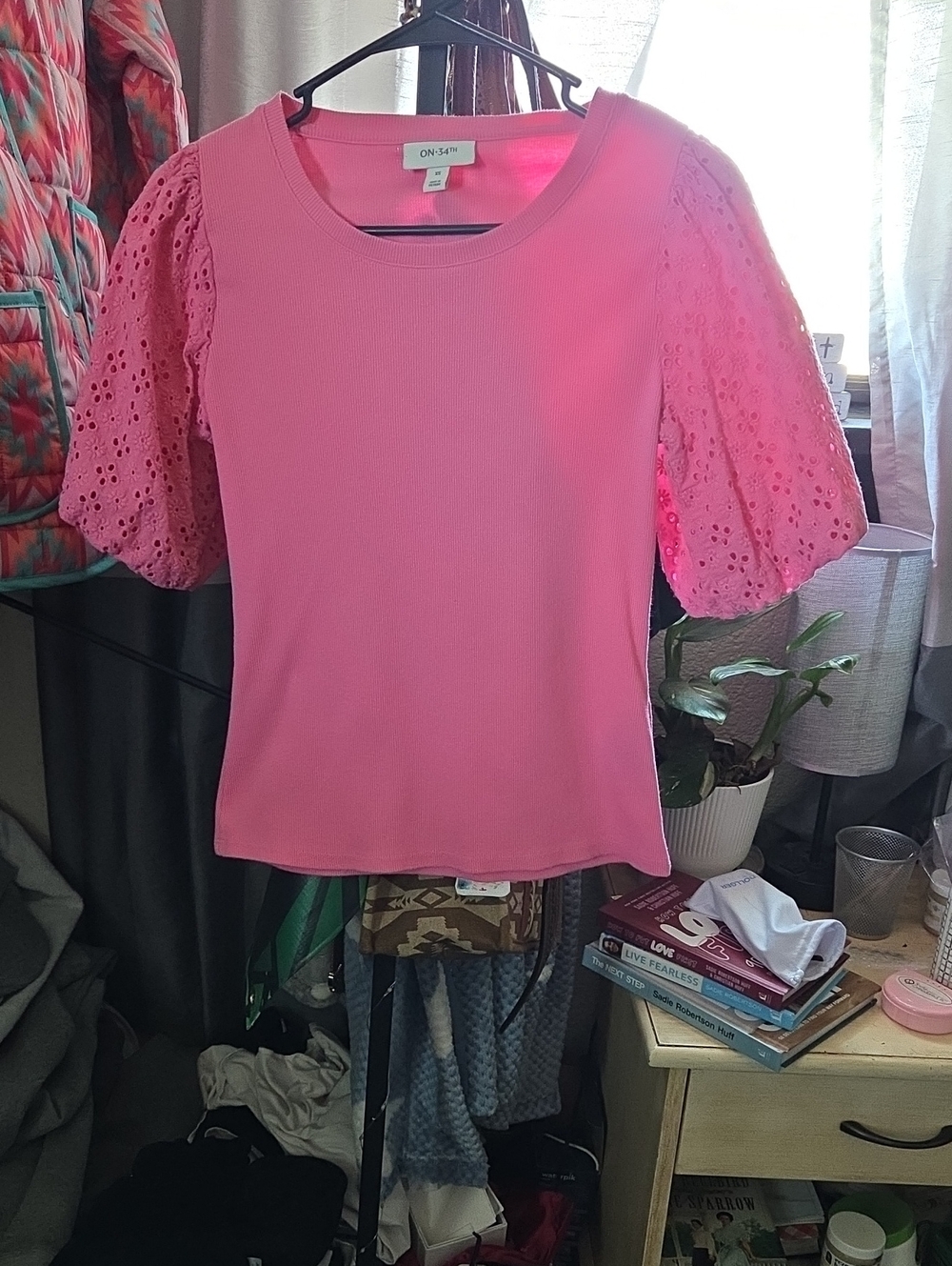 ON 34th Pink Puff-Sleeve Eyelet Knit Top